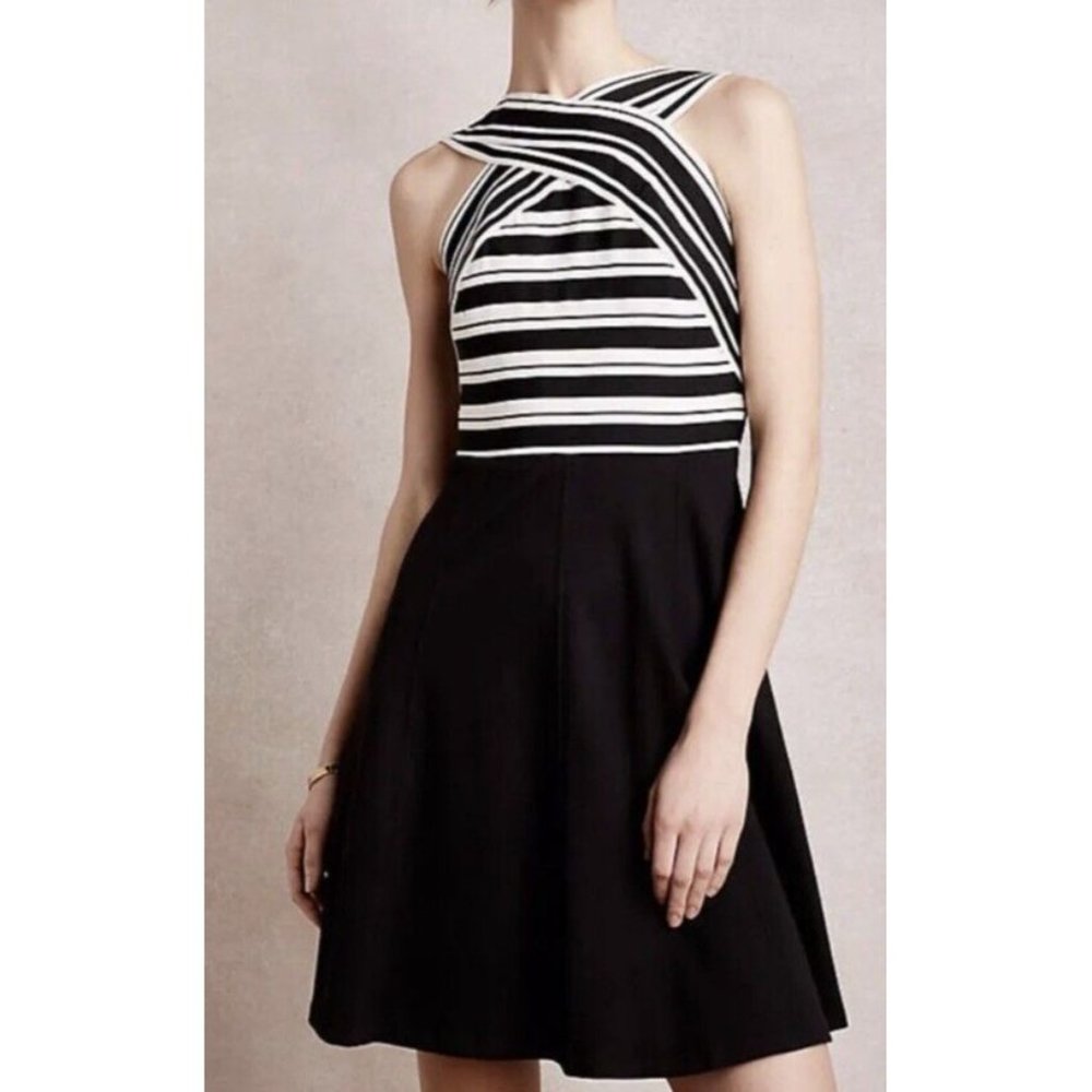Maeve Anthropologie Dress Women 4 Black White Bandage Strap Sleeveless Fit Flare